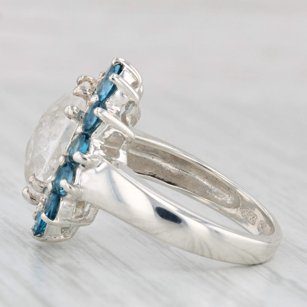 Light Gray Quartz Blue Topaz Halo Ring Sterling Silver Size 6 Statement Cocktail