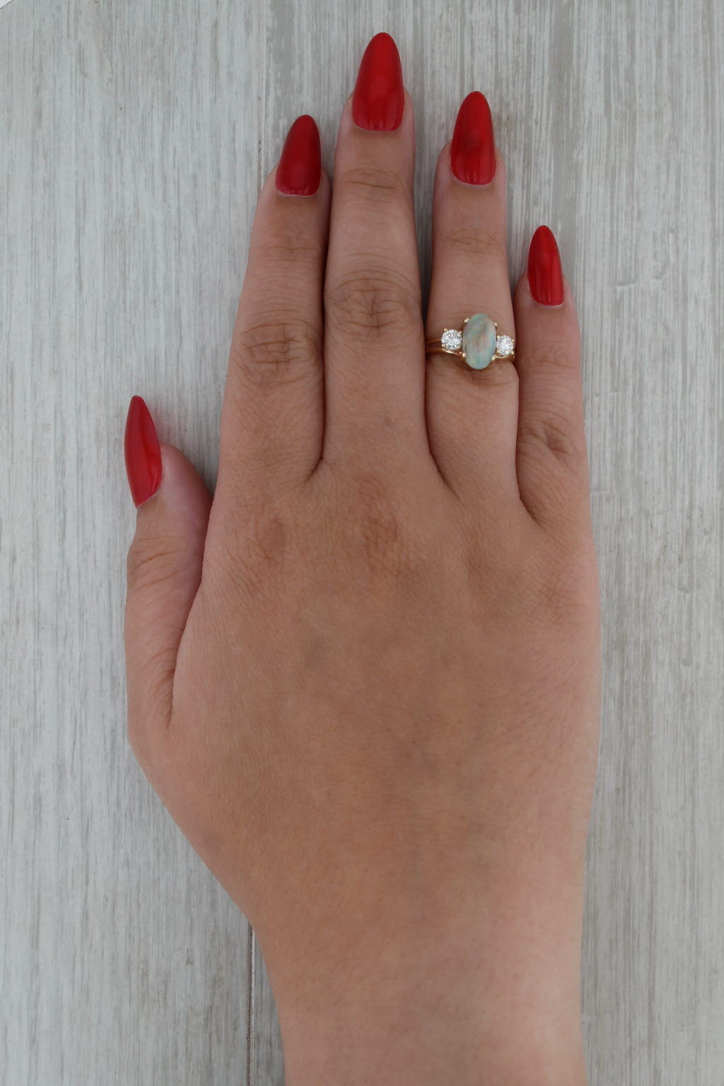 Oval Cabochon Opal Diamond Ring 14k Yellow Gold Size 6.25