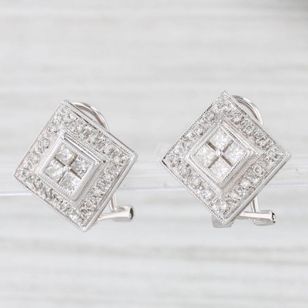 Light Gray 0.76ctw Diamond Square Halo Stud Earrings 14k Gold Pierced Drops Omega Backs