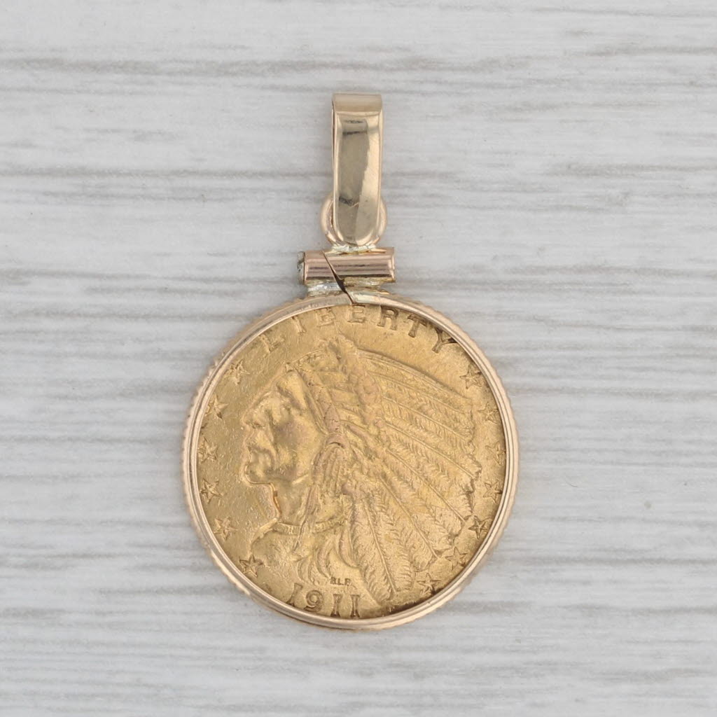 Gray 1911 Indian Head $2.5 Gold Coin Pendant 14k 900 American Eagle