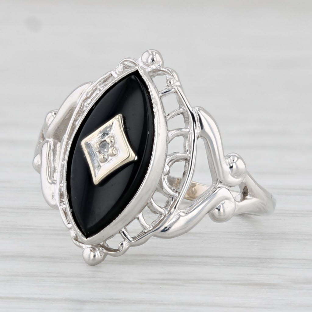 Light Gray Vintage Marquise Onyx Diamond Ring 10k White Gold Size 4.75