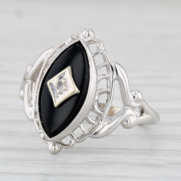 Vintage Marquise Onyx Diamond Ring 10k White Gold Size 4.75