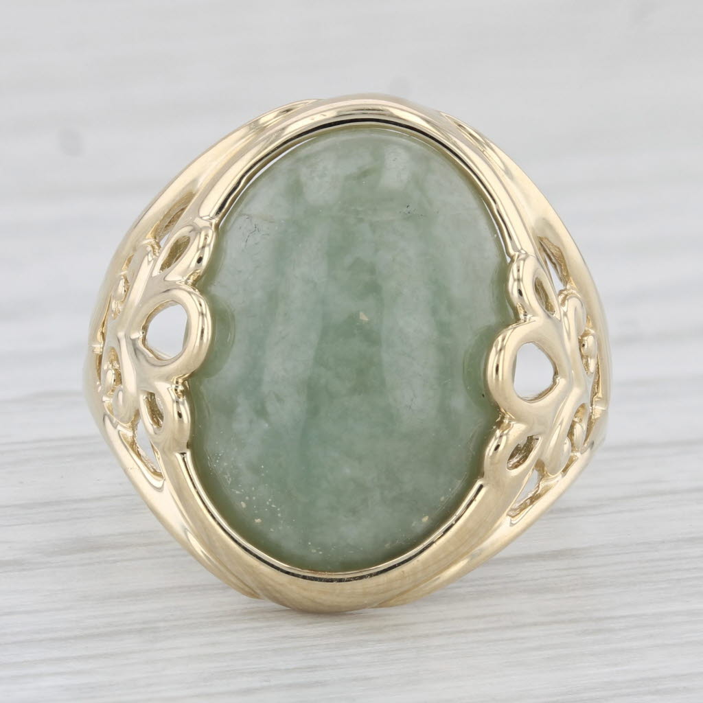 Gray Green Jadeite Jade Ring 14k Yellow Gold Size 9 Oval Cabochon Solitaire