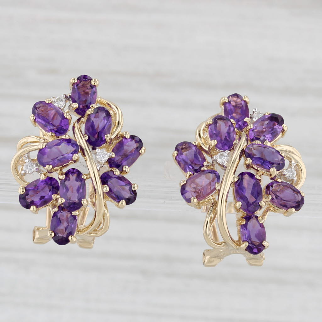 Light Gray 3.65ctw Amethyst Diamond Cluster Earrings 14k Yellow Gold Omega Back Drops