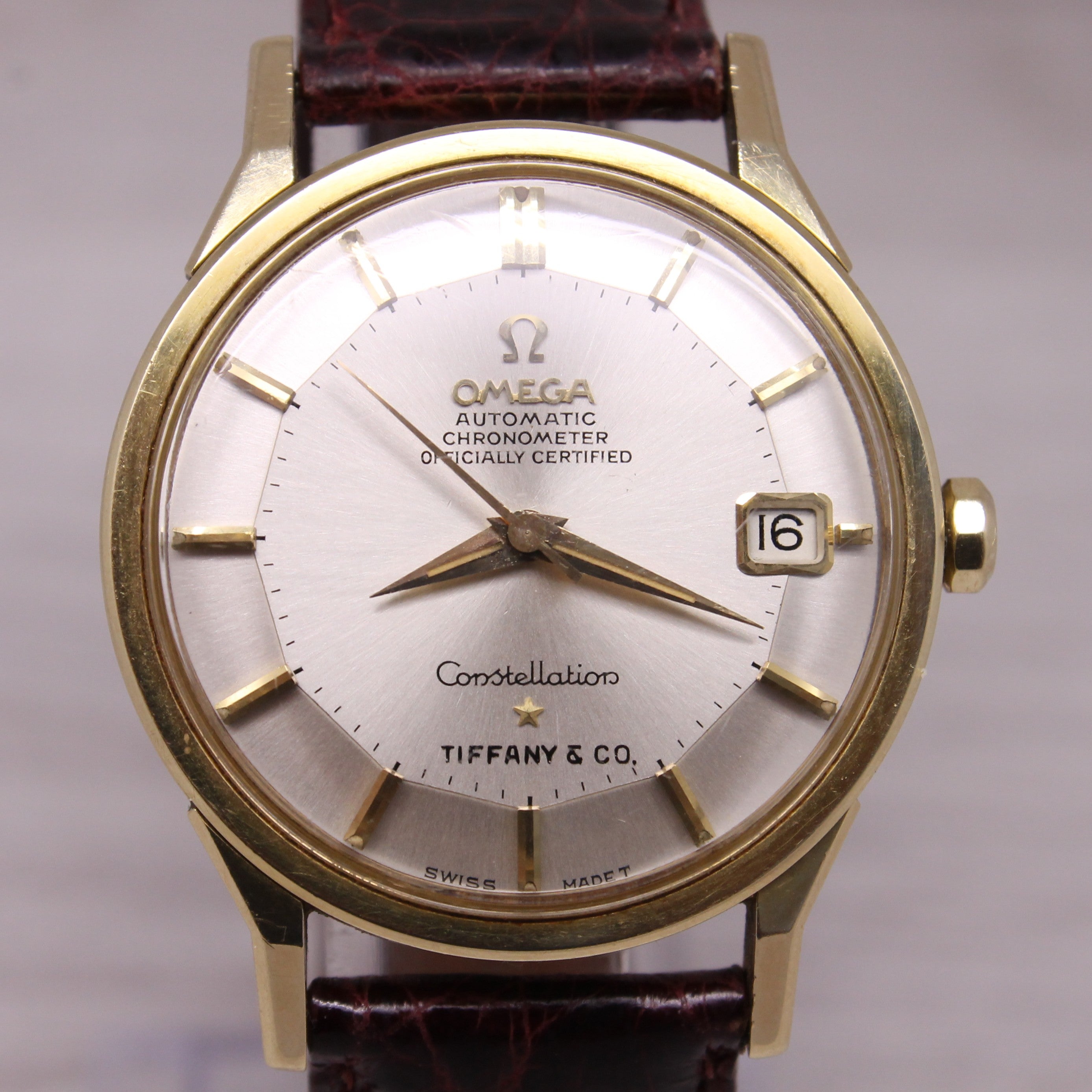 Vintage 1967 Omega Constellation 14k Solid Gold 168.005 Dogleg w/ Tiffany Dial