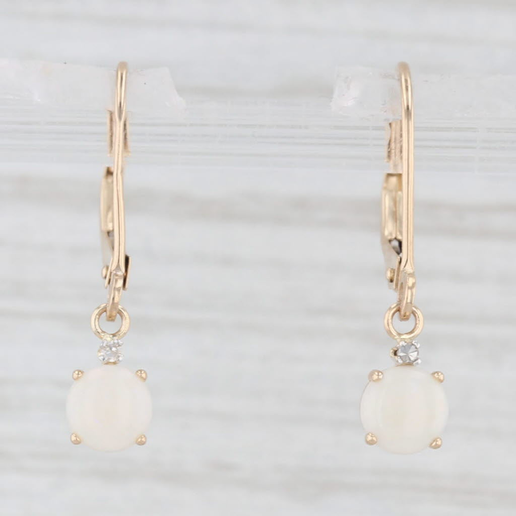 Light Gray Round Cabochon Opal Dangle Earrings 14k Yellow Gold Lever Backs