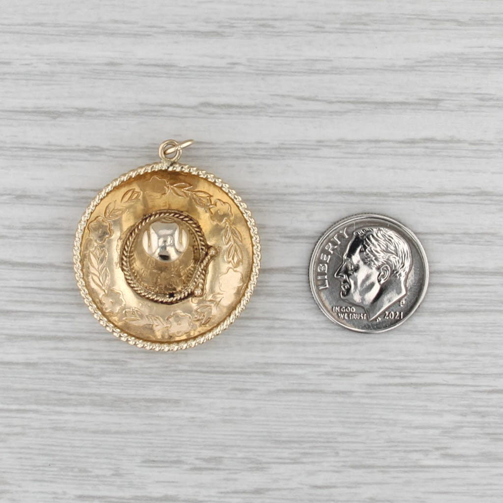 Large Sombrero Charm Pendant 14k Yellow Gold Vintage Ornate