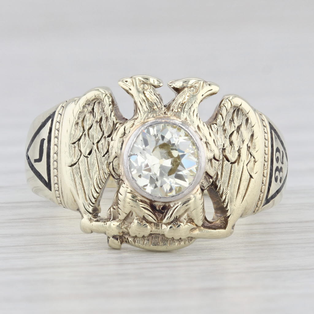 Light Gray 1ct Diamond Masonic Scottish Rite Ring 14k Gold Eagle Yod 32nd 14th Degree