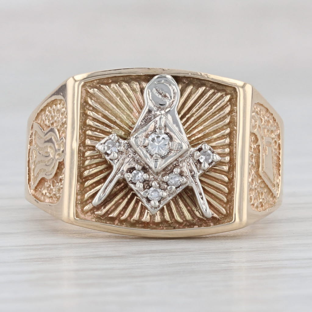 Light Gray Diamond Masonic Signet Ring 14k Gold Size 10.5 Square Compass Blue Lodge