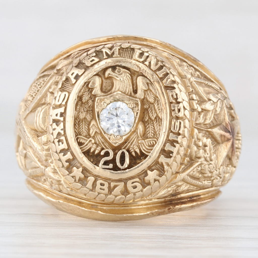 Light Gray Diamond A & M College of Texas Class Ring 10k Yellow Gold Engraved Signet