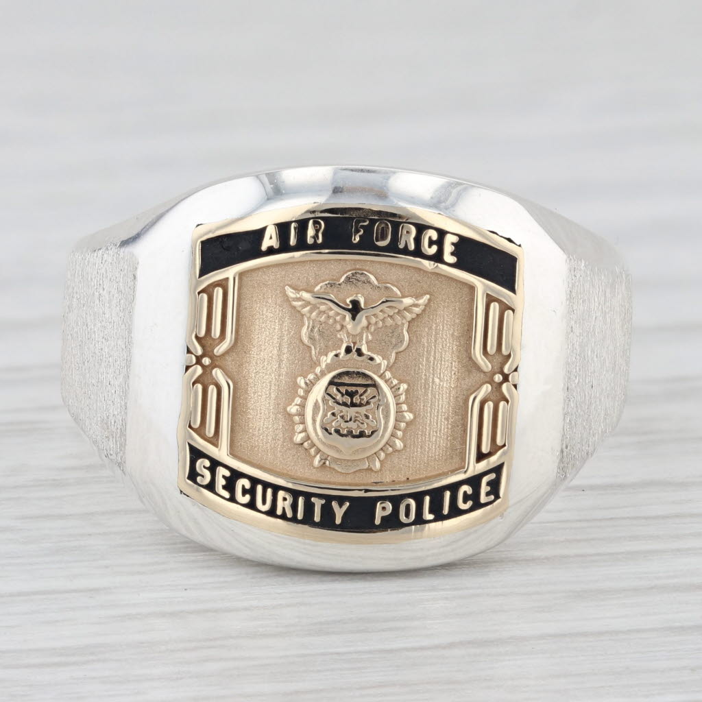 Light Gray Air Force Security Police Ring Sterling Silver 14k Gold Military Signet Size 11