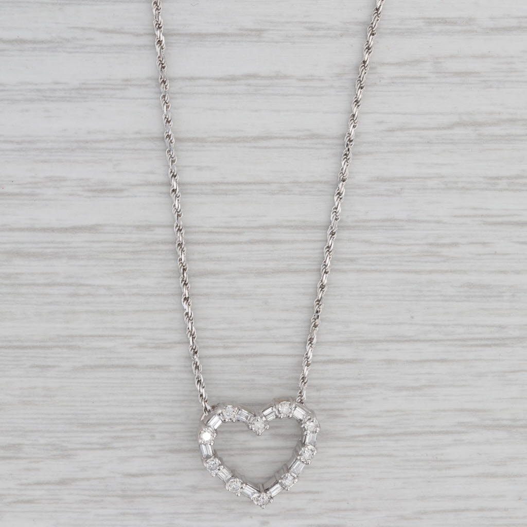 Gray 0.60ctw Diamond Open Heart Pendant Necklace 14k White Gold 18" Rope Chain