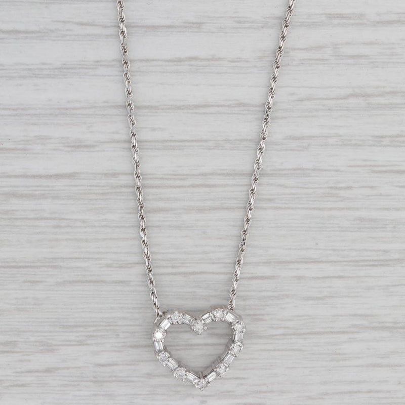0.60ctw Diamond Open Heart Pendant Necklace 14k White Gold 18" Rope Chain