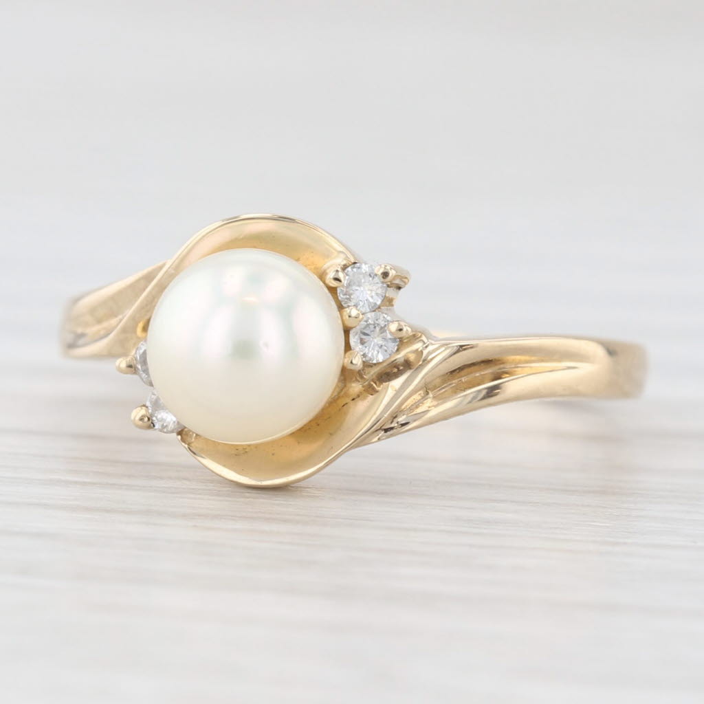 Light Gray 6.3mm Cultured Pearl Bead Diamond Ring 14k Yellow Gold Size 6