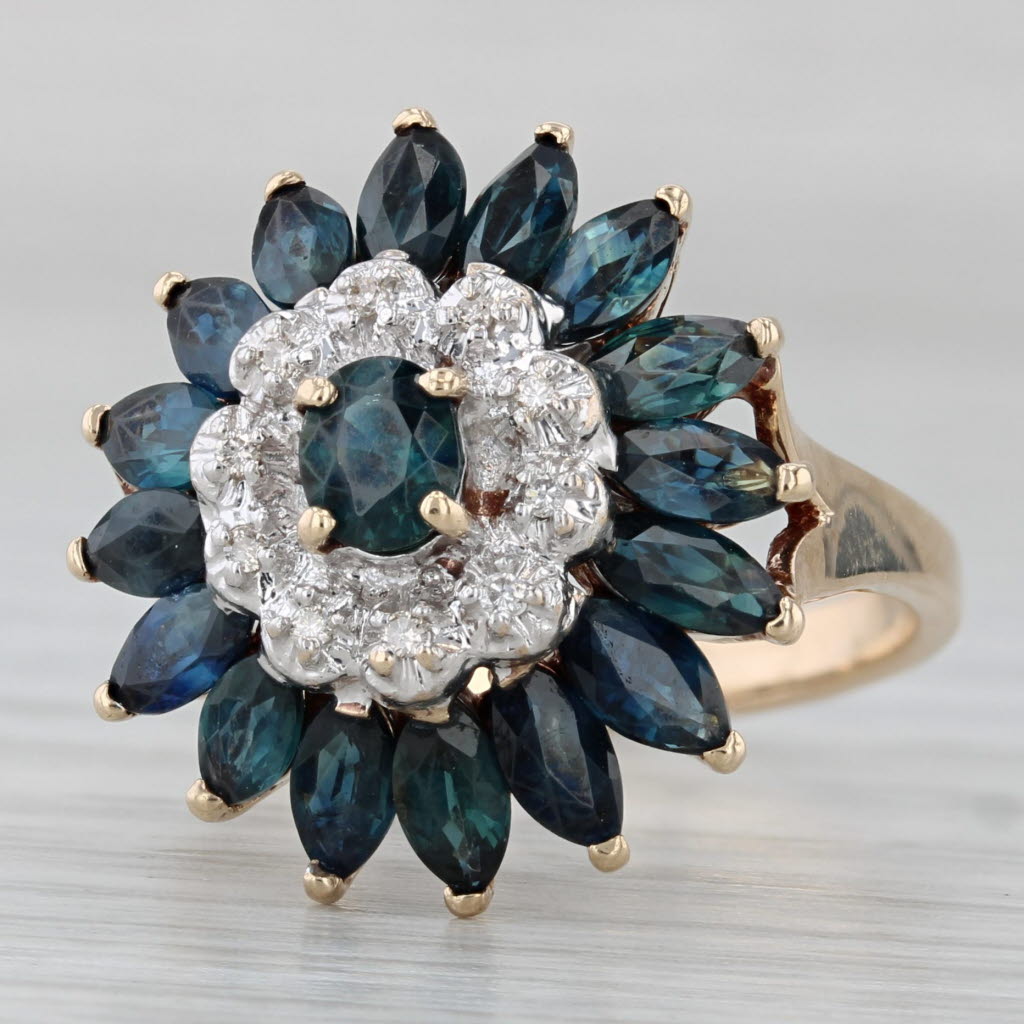 Gray 3.34ctw Blue Sapphire Diamond Flower Ring 10k Yellow Gold Size 6.25 Cocktail