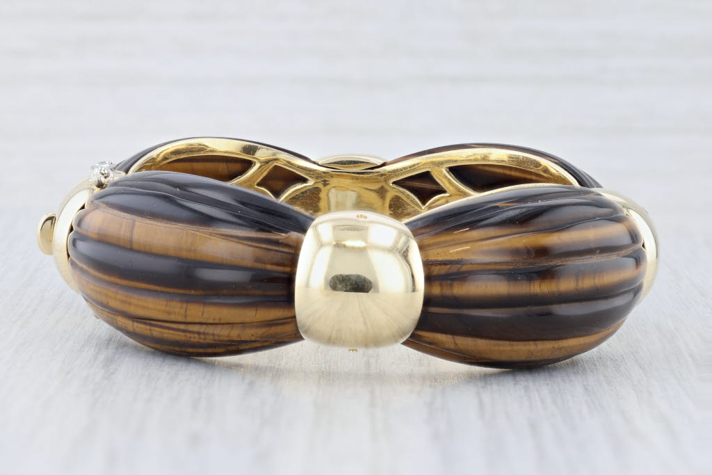 Vintage Tiger's Eye Bangle Bracelet 18k Yellow Gold 6.5" 21mm