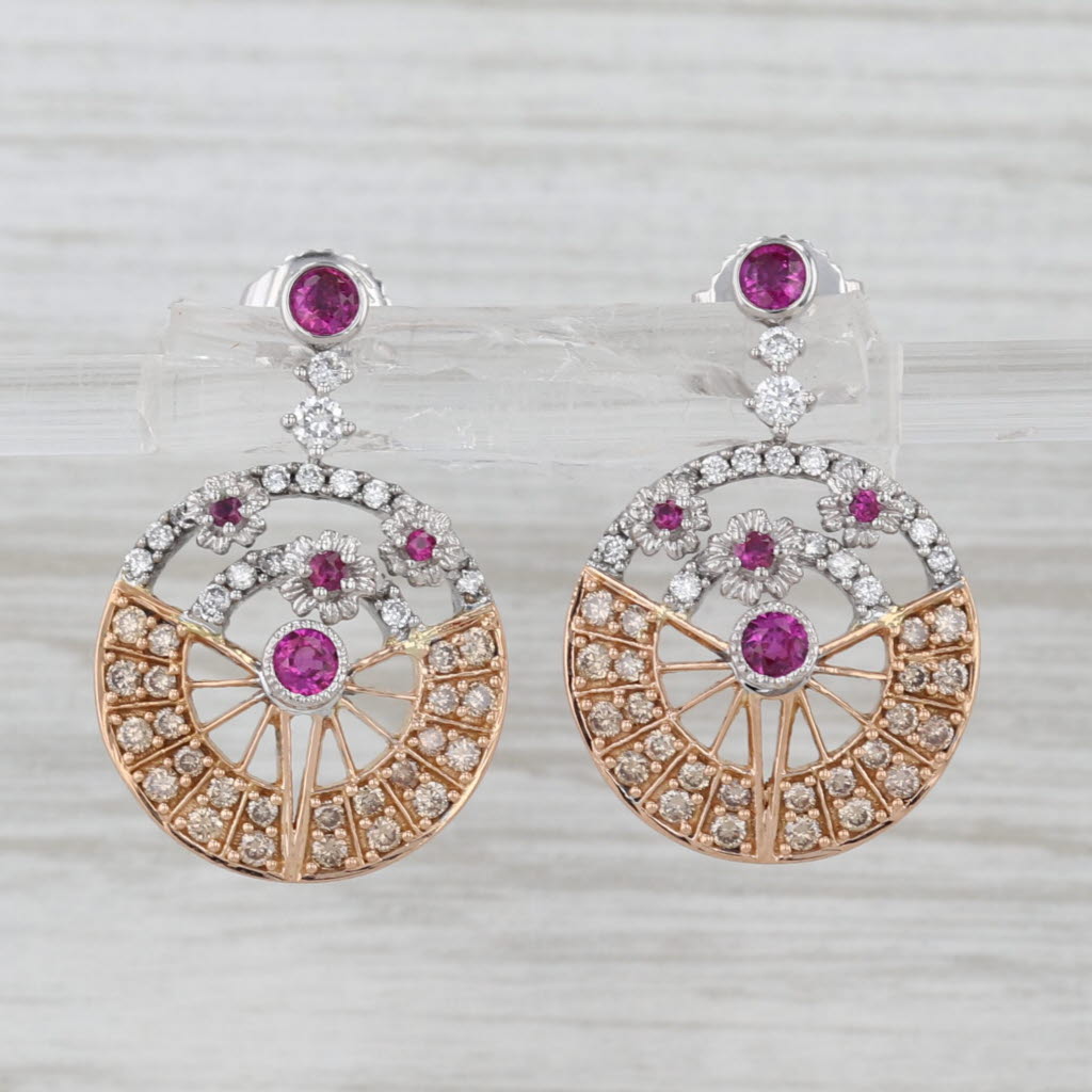 1.09ctw Diamond Ruby Circle Drop Earrings 18k Rose White Gold