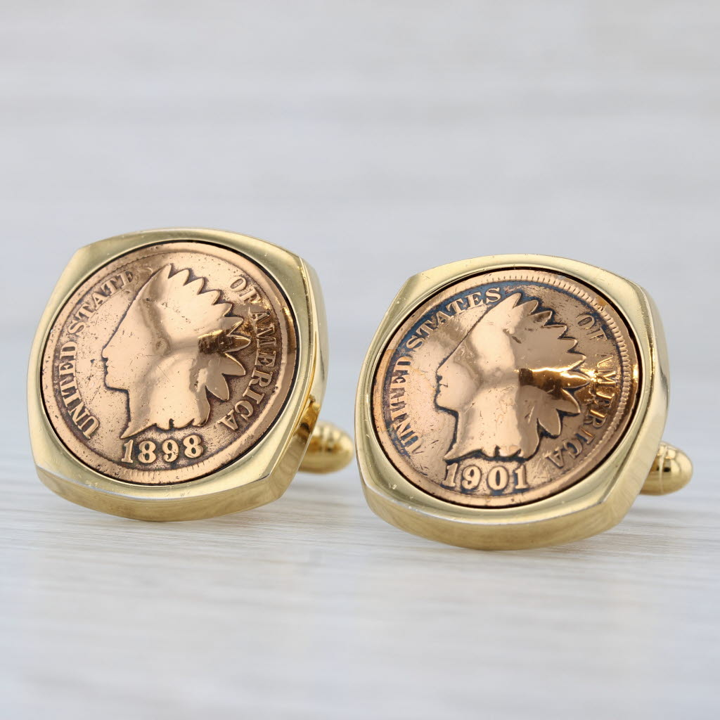 Light Gray US Indian Head Coin Cufflinks Gold Plated Folding Bar Backs