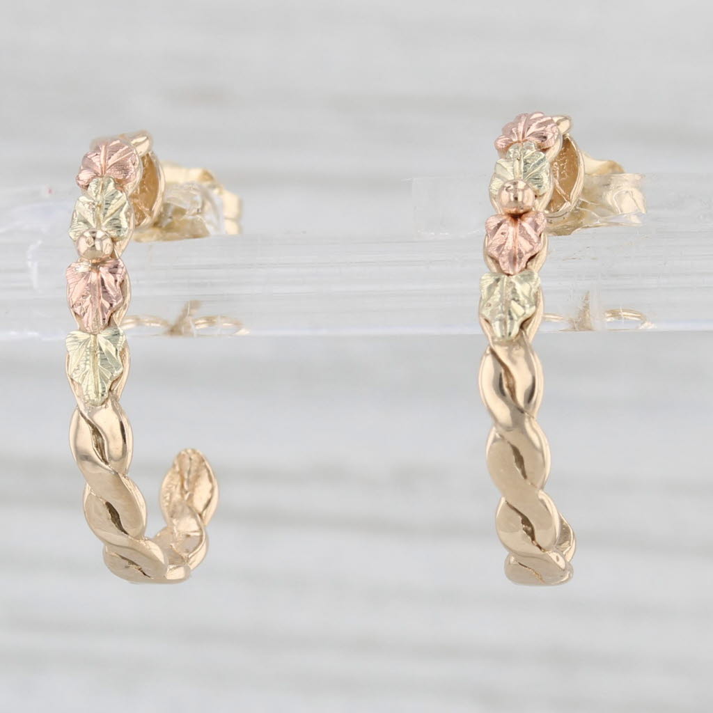 Light Gray Coleman Co Black Hills Gold J-Hook Earrings 10k 14k Yellow Rose Green Drops
