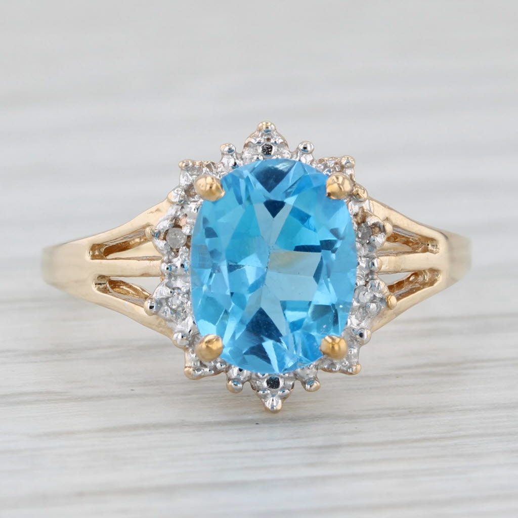 Light Gray 2.08ct Blue Topaz Diamond Halo Ring 10k Yellow Gold Size 6