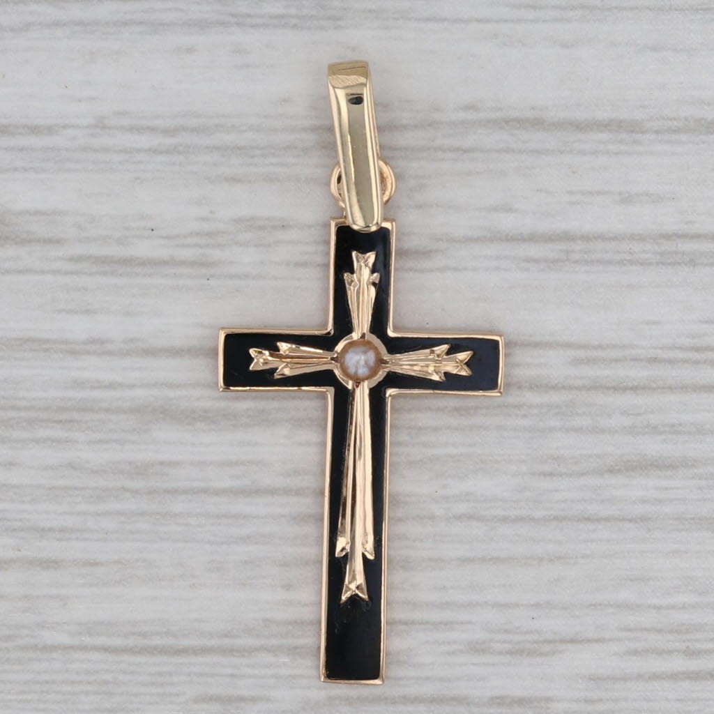 Gray Vintage Enamel Pearl Cross Pendant 14k Yellow Gold