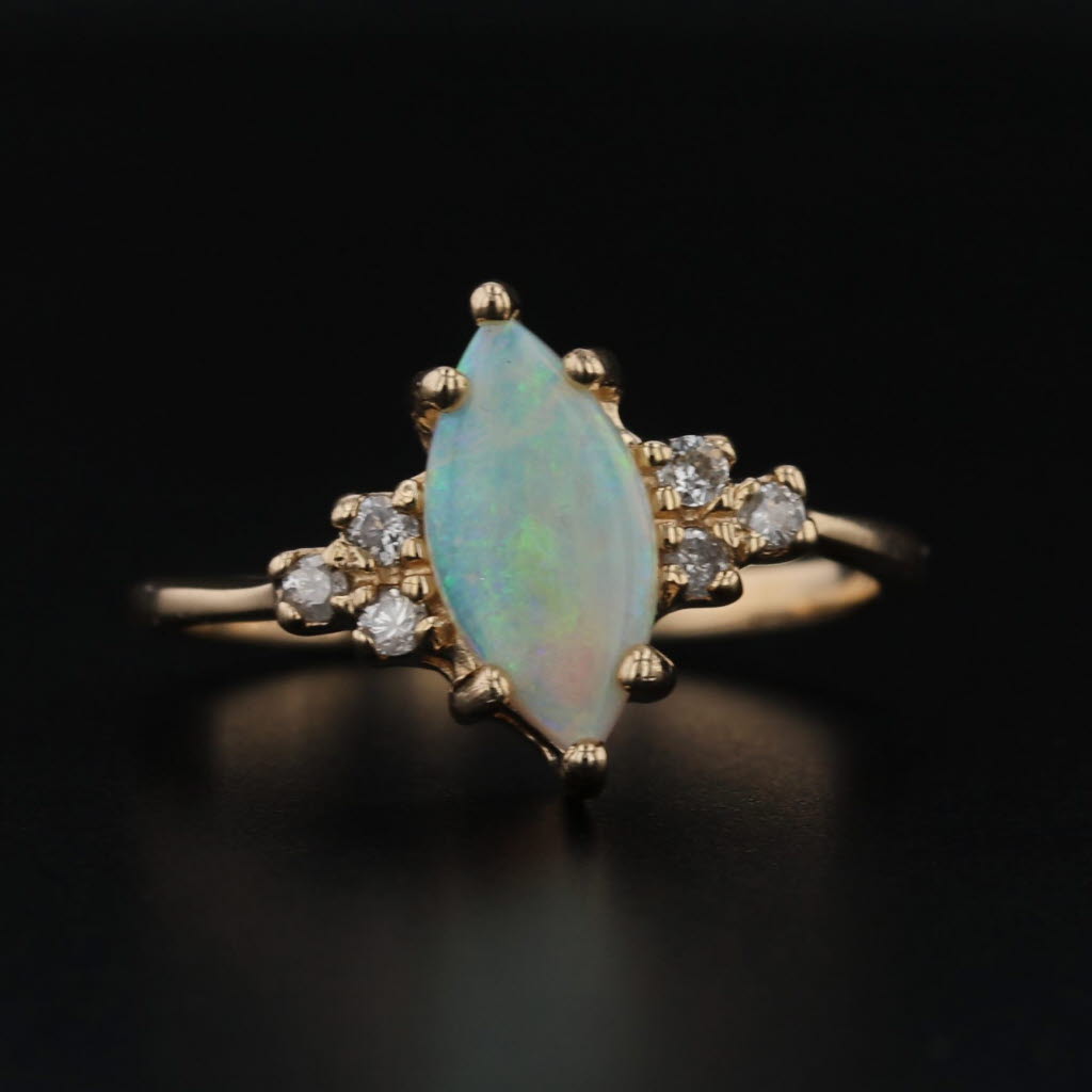 Vintage Marquise Opal Diamond Ring 14k Yellow Gold Size 5