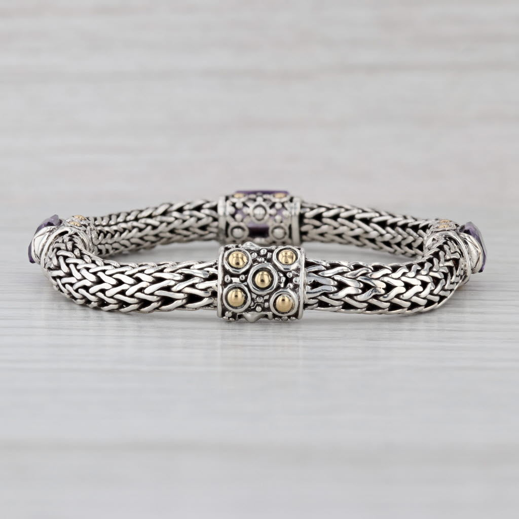 John Hardy Amethyst Station Bracelet Sterling Silver 18k Gold Wheat Chain