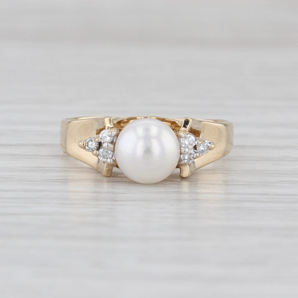 Cultured Pearl Diamond Ring 14k Yellow Gold Size 6.5