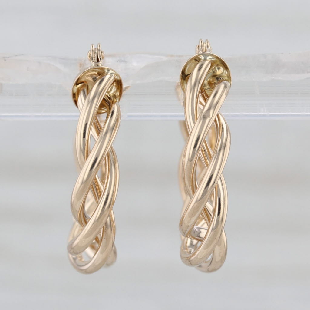 Triple Twist Hoop Earrings 14k Yellow Gold Snap Top Round Huggie Twisted Hoops