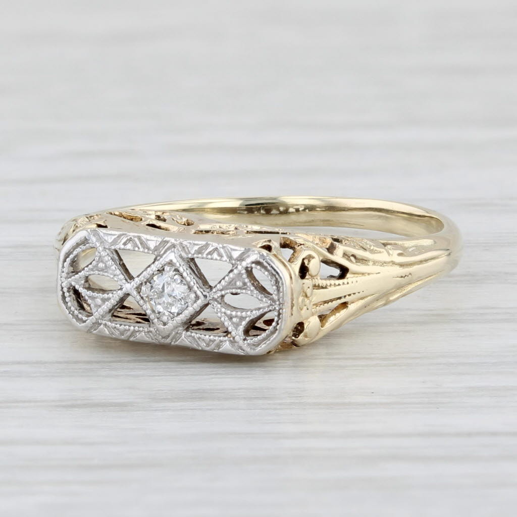 Light Gray Vintage Diamond Ring 12k Yellow Gold Size 6.25 Ornate Open Work