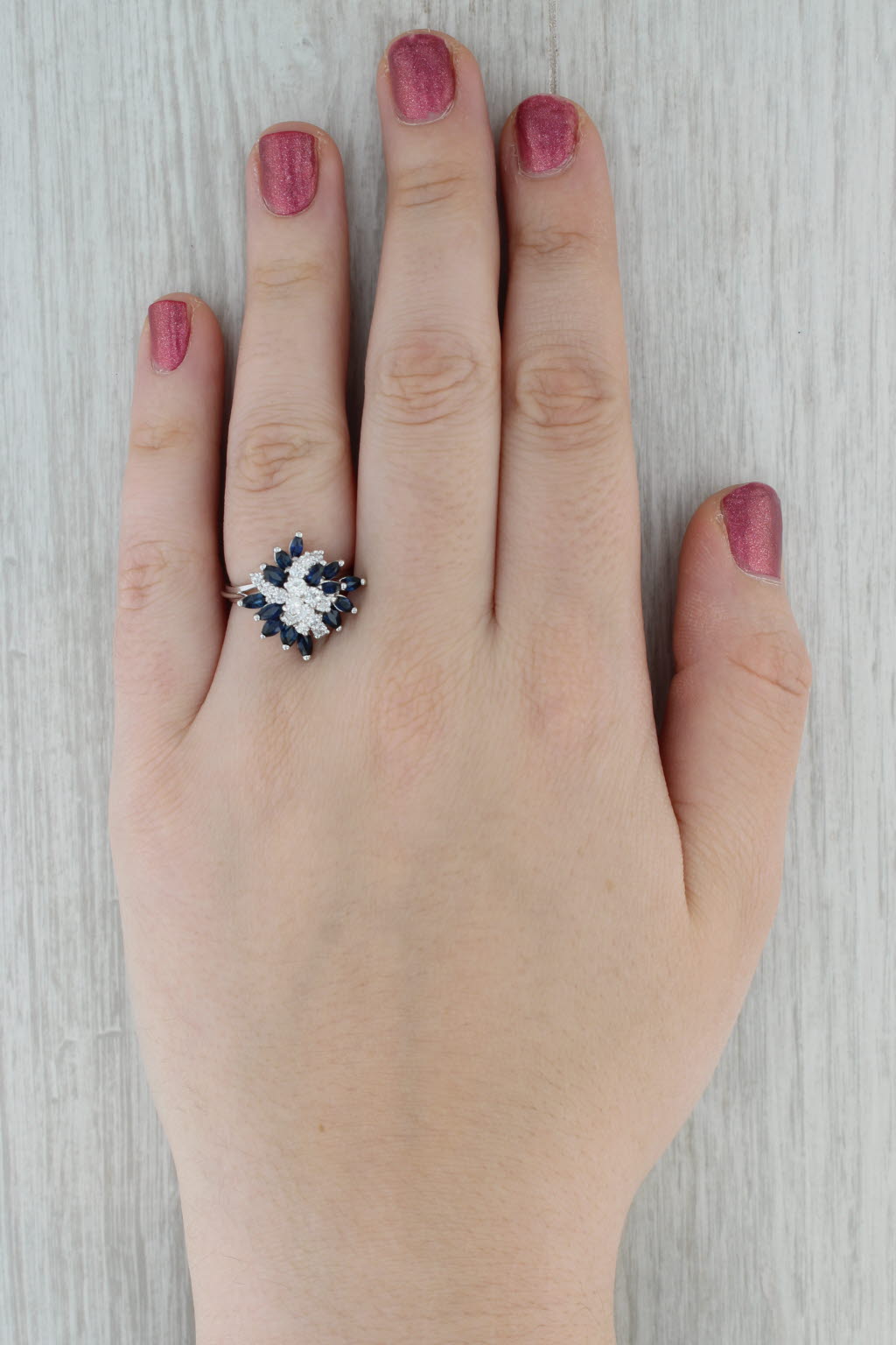 Dark Gray 1.77ctw Blue Sapphire Diamond Cluster Cocktail Ring 18k White Gold Size 7.5