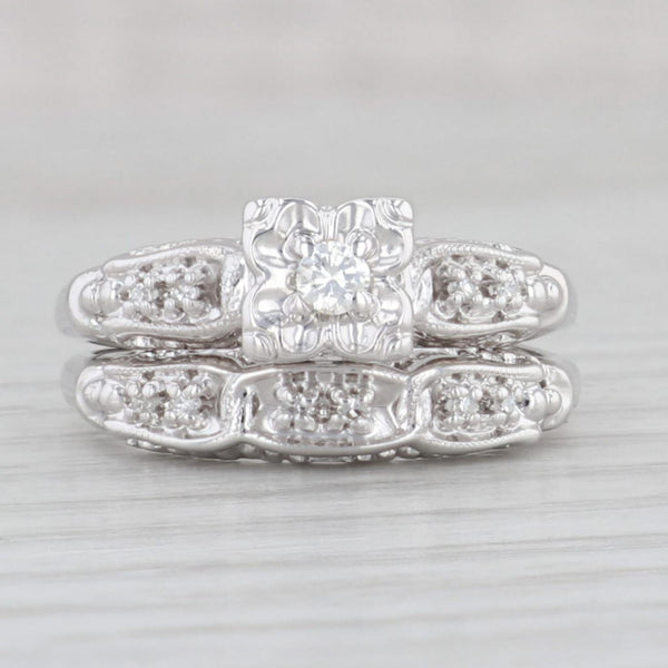 Light Gray Vintage 0.13ctw Diamond Engagement Ring Wedding Band Bridal Set 14k Gold Sz 6.5