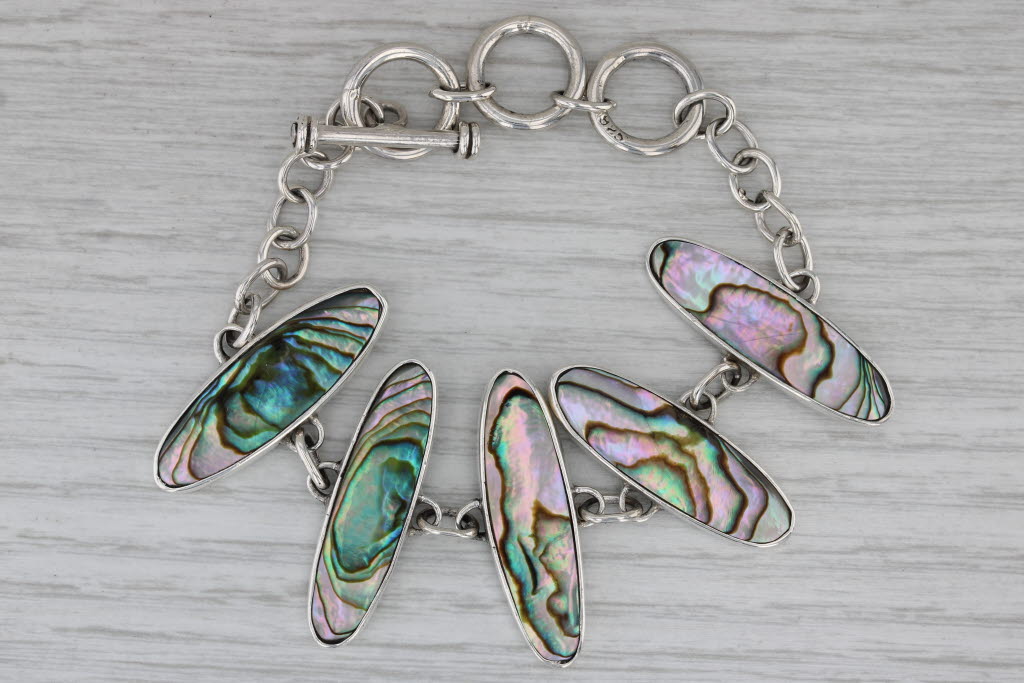 Dark Gray Abalone Shell Bracelet Sterling Silver Statement 7.25" - 6"