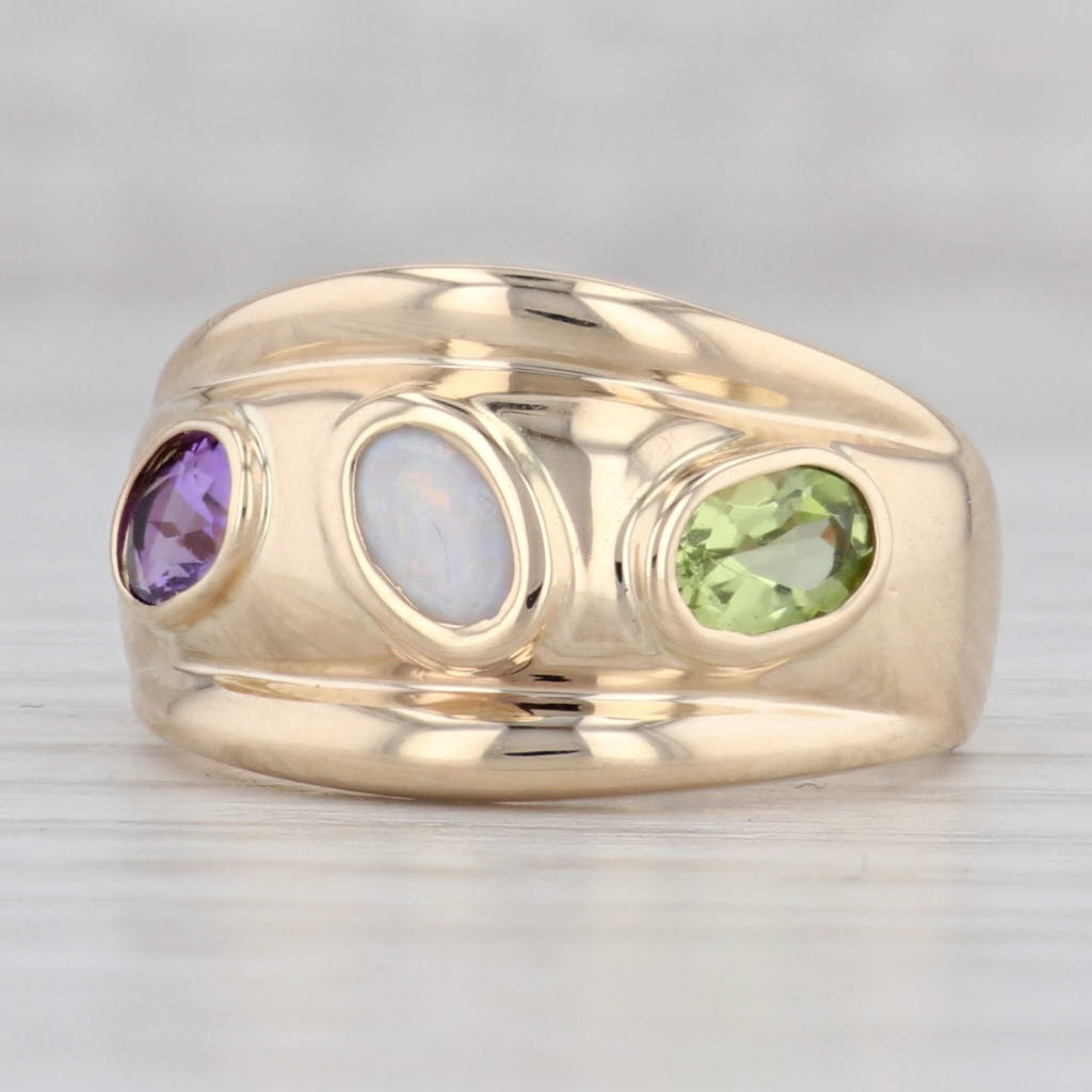 Gray 3-Stone Amethyst Opal Peridot Ring 14k Yellow Gold Size 8