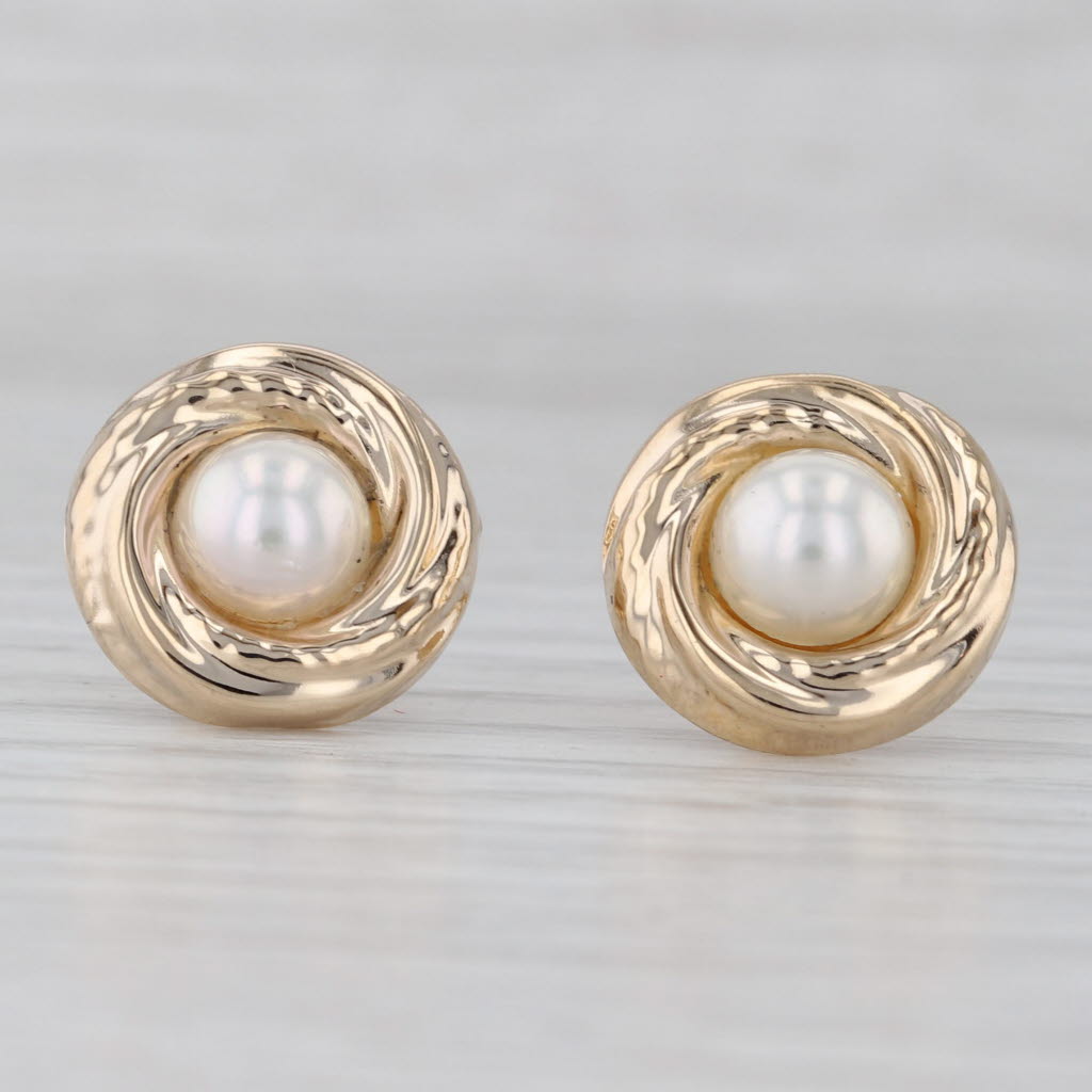 Gray 6.4mm Cultured Pearl Solitaire Knot Stud Earrings 14k Yellow Gold