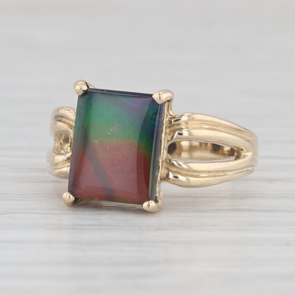 Light Gray Rainbow Ammolite Triplet Solitaire Ring 14k Yellow Gold Size 6.5