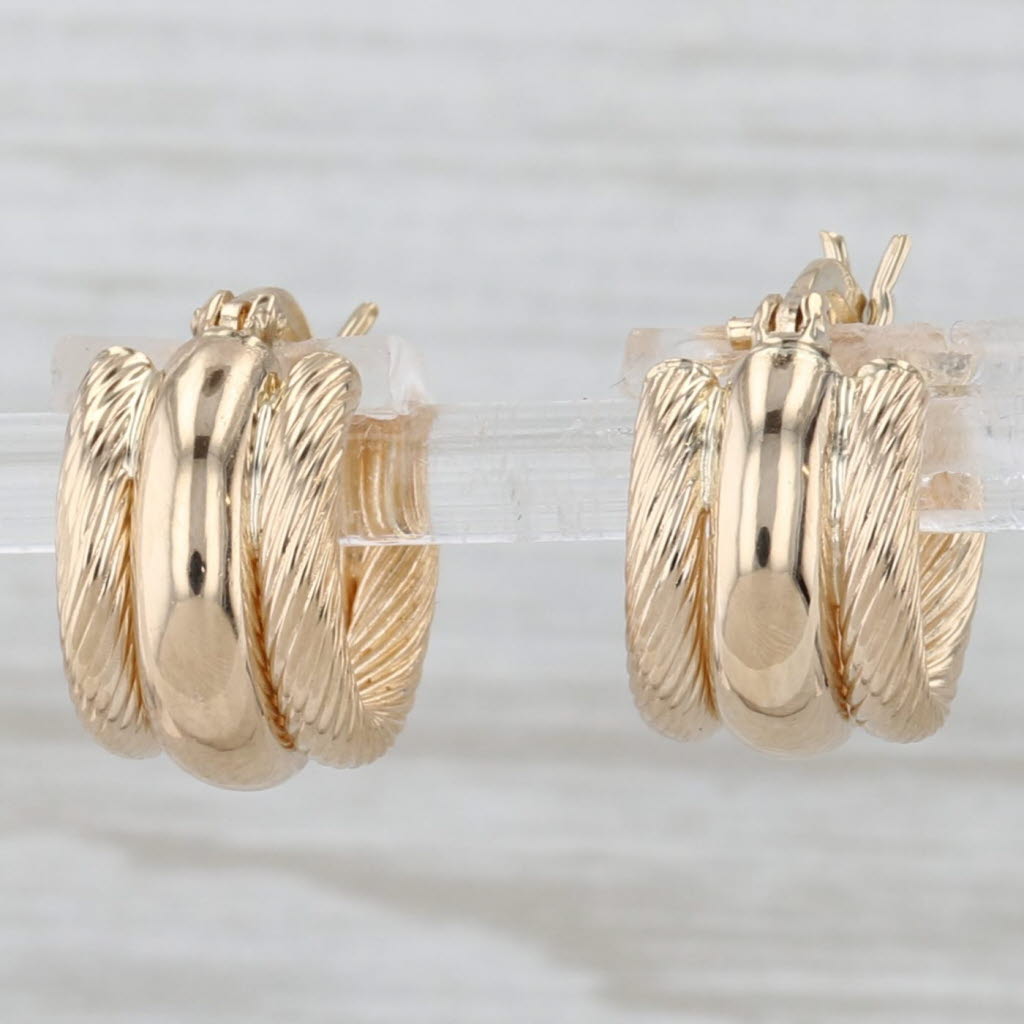 Light Gray Rope Etched 3-Hoop Earrings 14k Yellow Gold Snap Top Small Round Hoops
