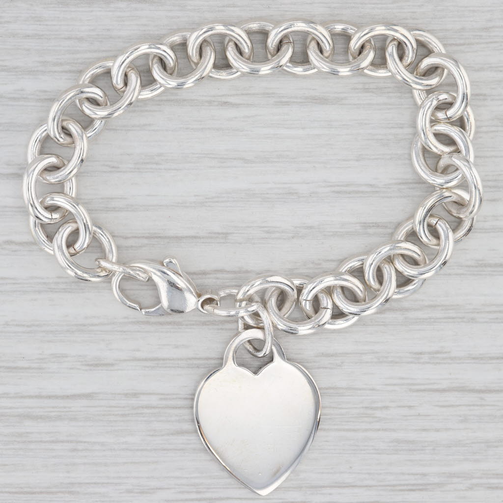 Light Gray Tiffany & Co. Engravable Heart ID Tag Charm Bracelet 6.5" Cable Chain 10mm