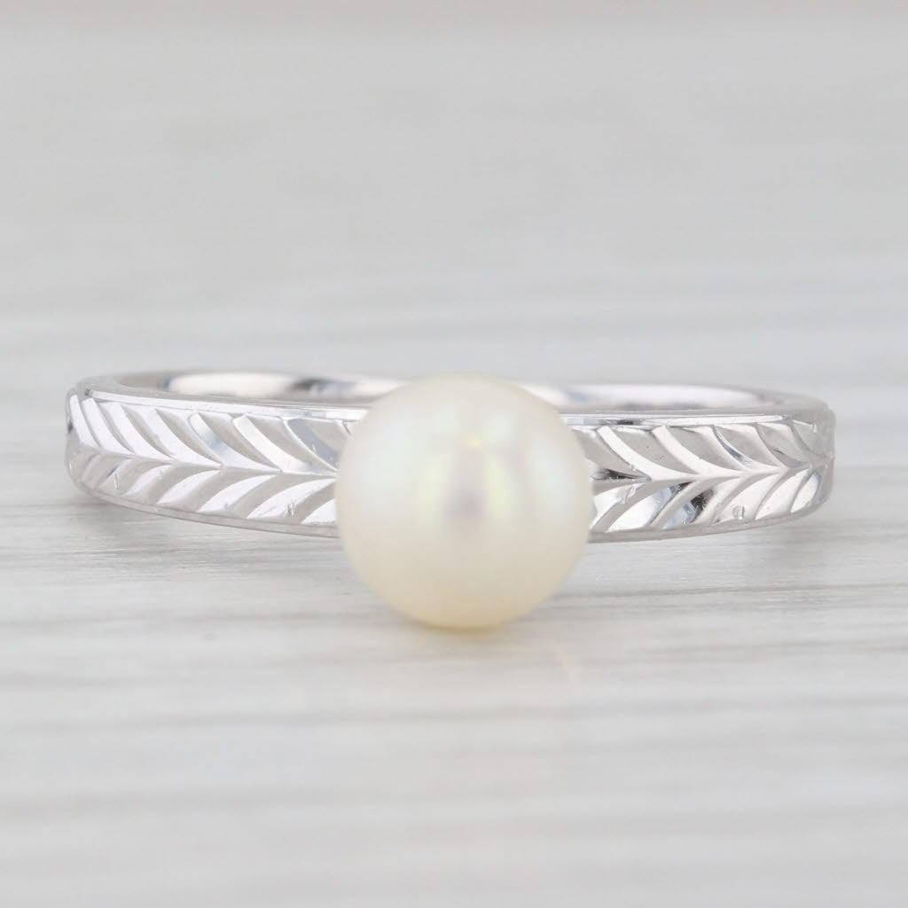 Light Gray 6.2mm Cultured Pearl Solitaire Ring 14k White Gold Wheat Etched Band
