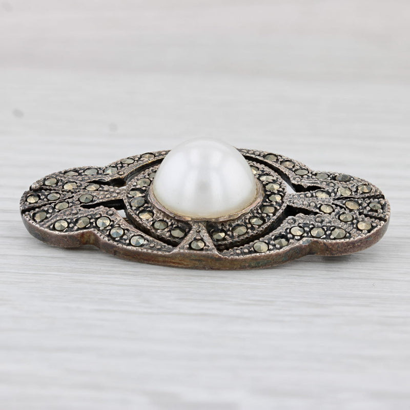 Vintage Imitation Mabe Pearl Marcasite Brooch Sterling Silver statement Pin
