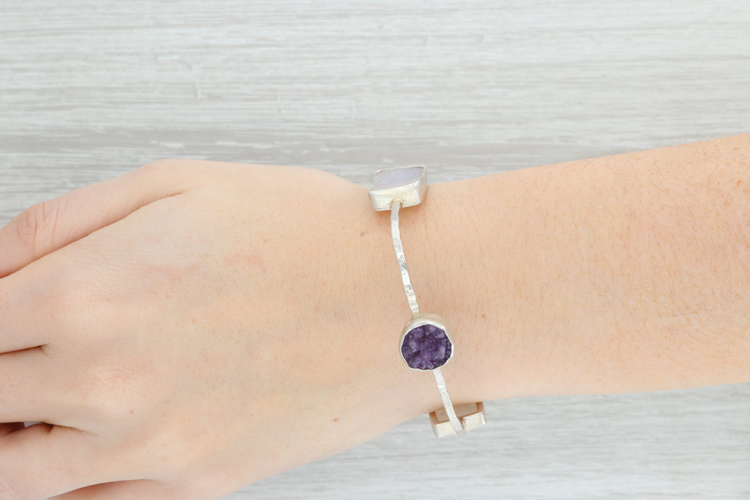 New Nina Nguyen Amethyst White Druzy Quartz Bangle Bracelet Sterling Silver 8”