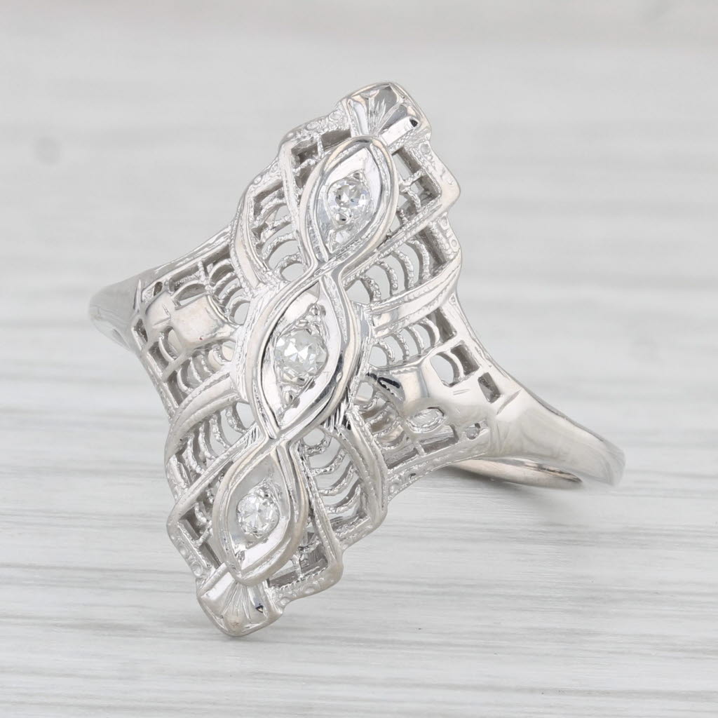 Light Gray Antique Diamond Filigree Ring 14k White Gold Size 9.5