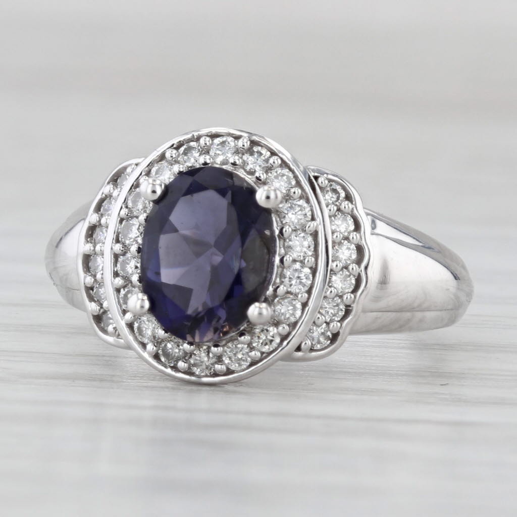 Light Gray 1.17ctw Blue Iolite Diamond Halo Ring 14k White Gold Size 5.25