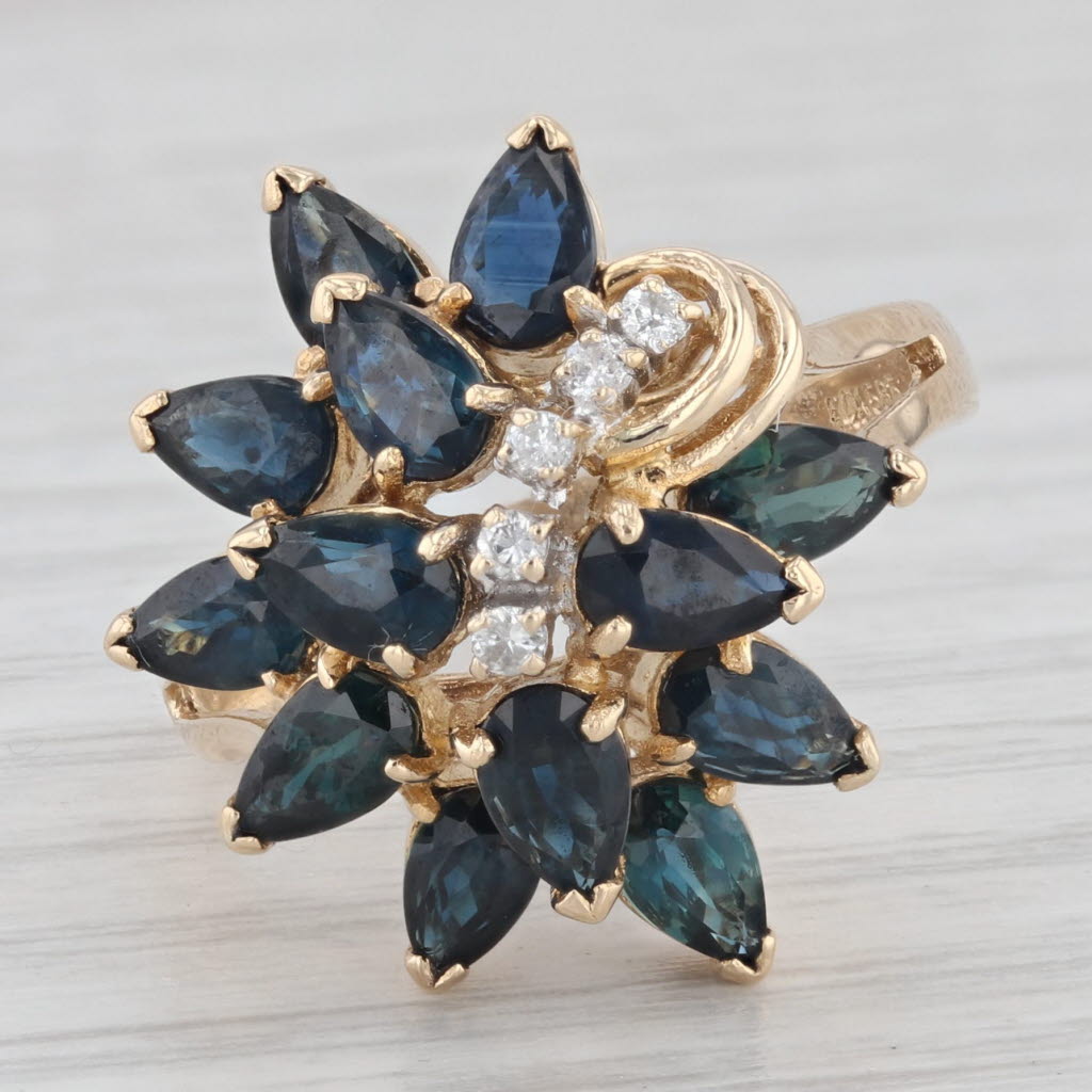 Light Gray 3.85ctw Blue Sapphire Diamond Cluster Ring 14k Yellow Gold Size 7.5 Cocktail