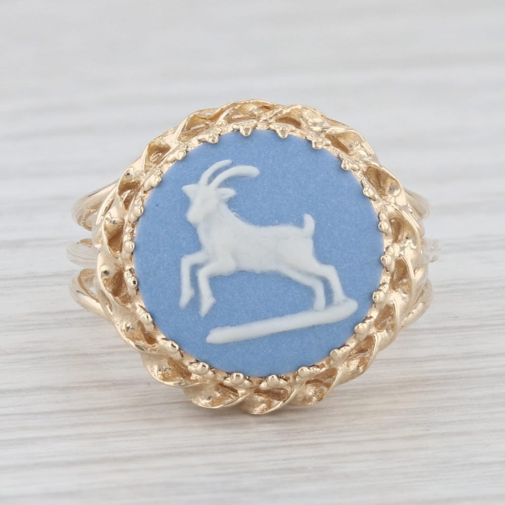 Light Gray Blue & White Wedgewood Ram Cameo Ring 14k Yellow Gold Size 7.75