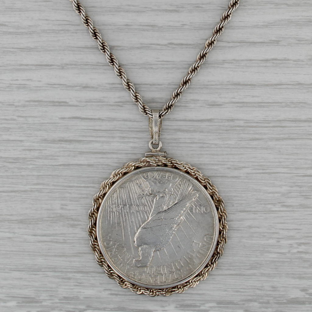 1922 Peace Dollar Pendant Necklace Sterling Silver 24" Rope Chain