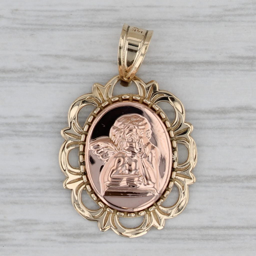 Gray Cherub Pendant 14k Rose Yellow Gold Guardian Angel