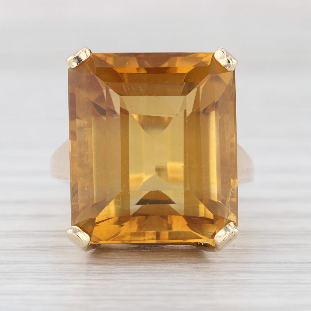 22.70ct Citrine Emerald Solitaire Ring 14k Yellow Gold Cocktail Size 6.5