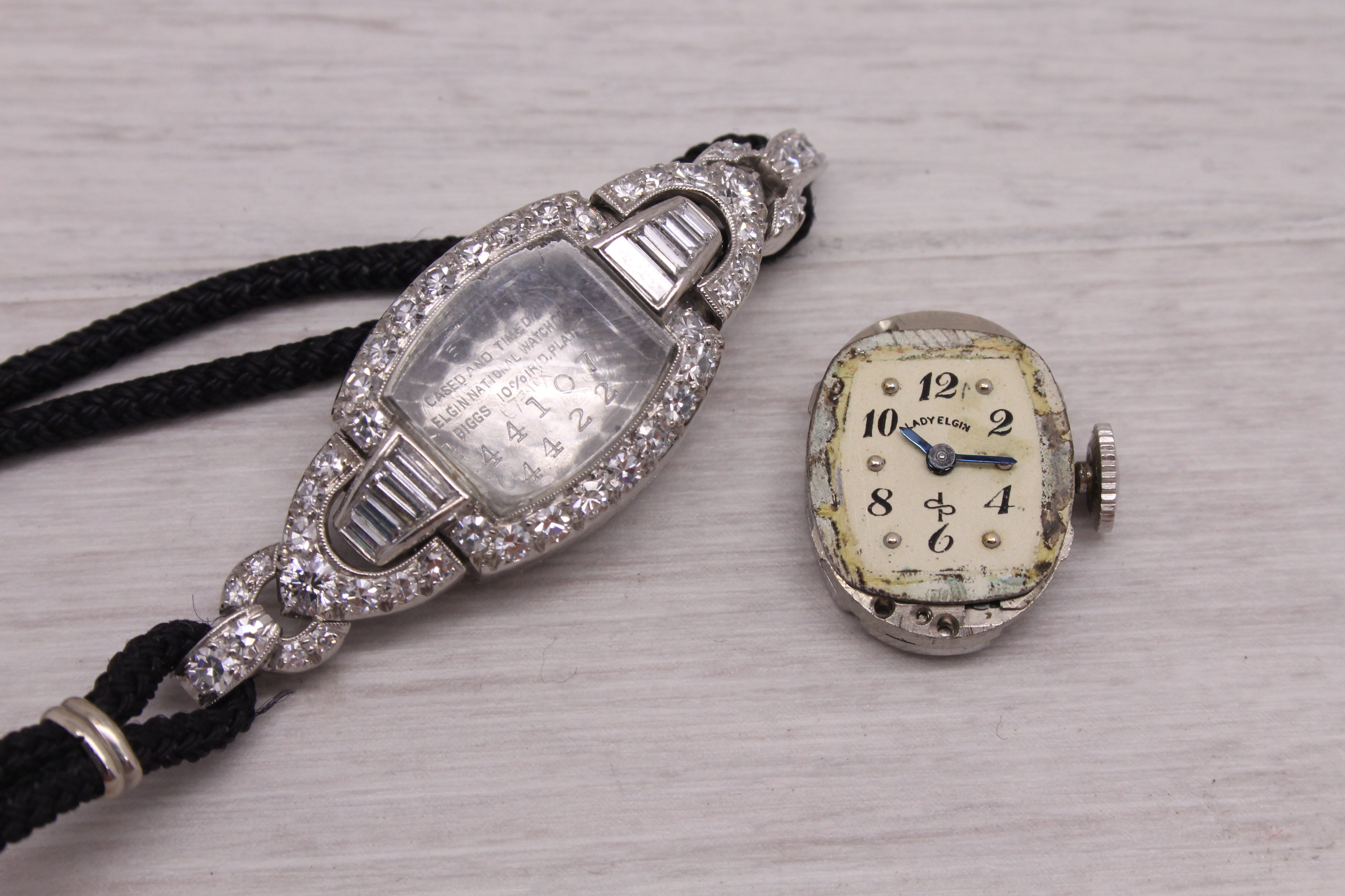 Dark Gray Vintage Lady Elgin Platinum & 1ctw Diamond Art Deco Ladies Wrist Watch Serviced