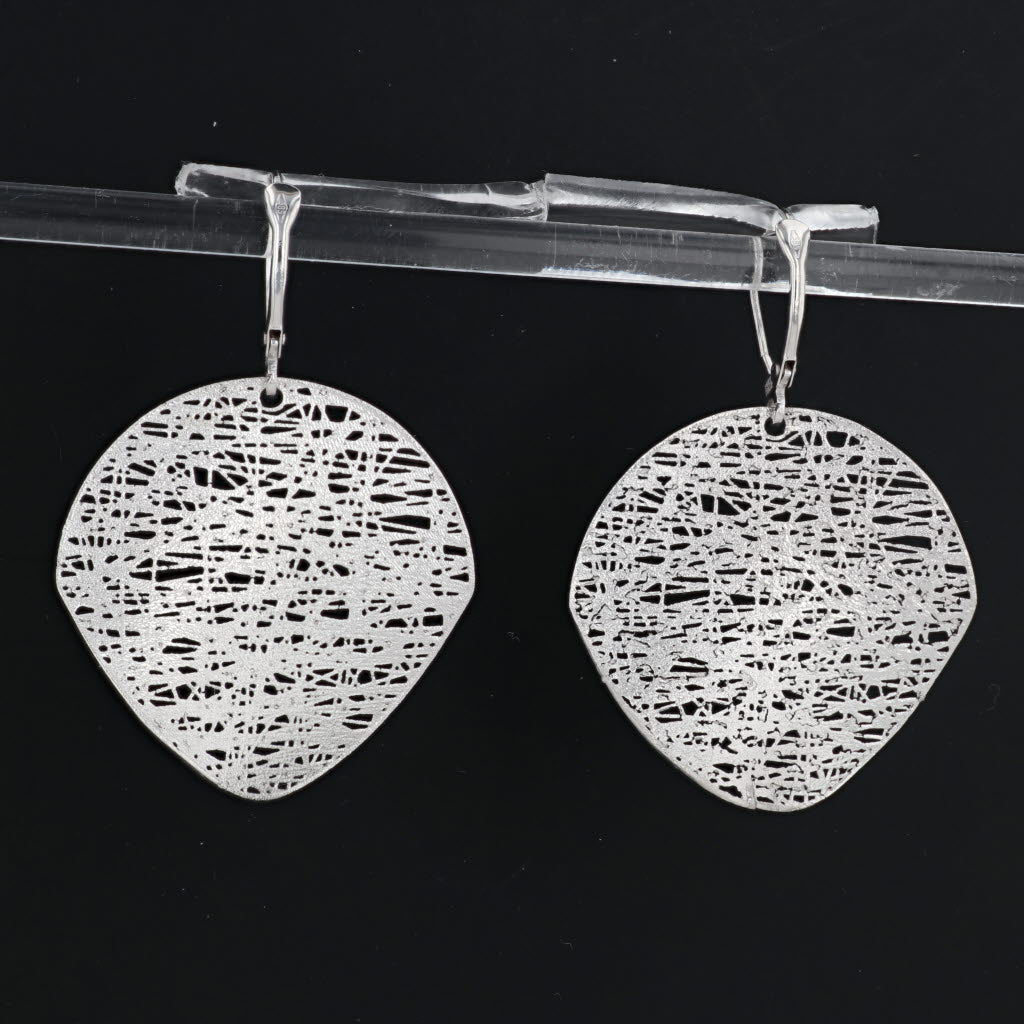 Light Gray Flossy Webbed Dangle Circle Statement Earrings Sterling Silver Lever Back Drops